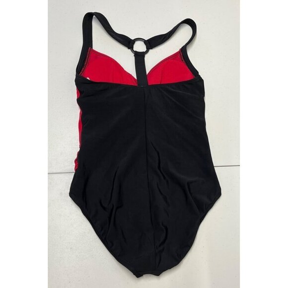 Aquagreen Colorblock One Piece Swimsuit Ruching Waistline Red Black Small NEW - Picture 2 of 6
